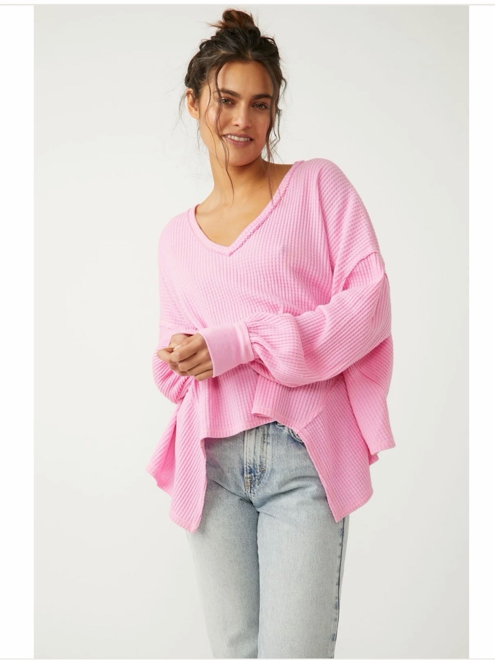 We The Free Free People Pink Oversized Waffle Thermal V-Neck Top Medium